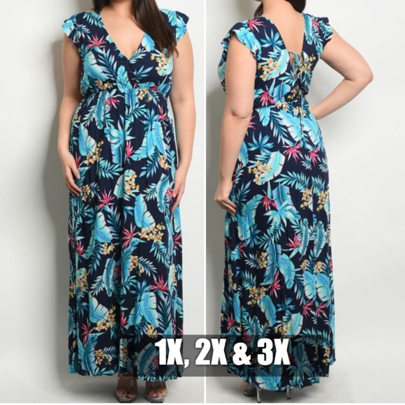 Trend Setter Diva Boutique Dresses & Skirts - Navy & Mint Tropical print maxi dress